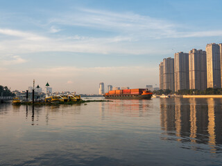 Naklejka premium Aerial drone skyline view of Saigon cityscape with Sai Gon river view