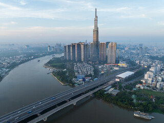 Aerial drone skyline view of Saigon cityscape with Sai Gon river view