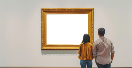 A man and woman are looking at an empty picture frame on the wall in art gallery, image with transparent space png. Created with Ai technology.