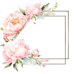 a square frame with pink flowers and green leaves on a white background