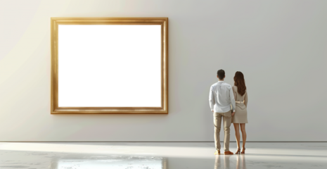 A man and woman are looking at an empty picture frame on the wall in art gallery, image with transparent space png. Created with Ai technology.
