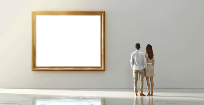 A man and woman are looking at an empty picture frame on the wall in art gallery, image with transparent space png. Created with Ai technology.