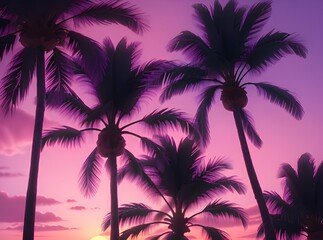 Fototapeta na wymiar 紫とピンクの夕焼けに囲まれたヤシの木