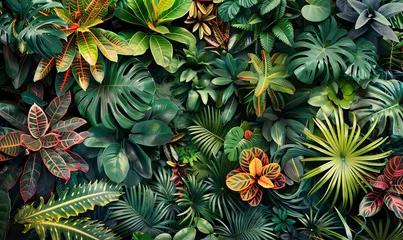 Fotobehang Capture the lush beauty of endemic plant treasures from a high-angle perspective in a detailed watercolor painting, highlighting intricate textures and vibrant colors © NeeArtwork