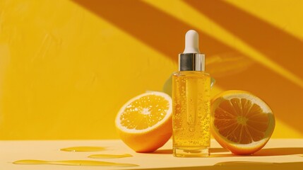 Cosmetic serum in glass bottle on yellow backdrop Vitamin C Serum