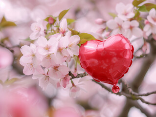 The most beautiful sakura flowers in Japan with pink and white petals. Between the flowers are...