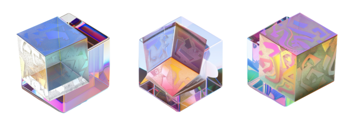 set of different 3D cubes with a holographic finish, showcasing complex patterns and gradients, isolated on transparent background