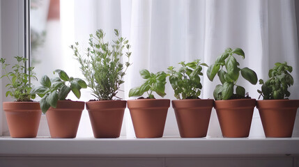 A collection of clay pots containing different types of herbs. including basil and mint