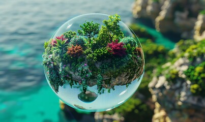 Capture the mesmerizing beauty of a surreal botanical garden growing on top of a floating, crystal-clear water bubble, as seen from a high-altitude overlook Digital pixel art, vibrant colors
