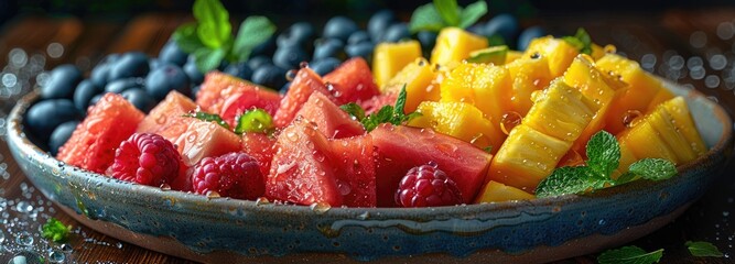 Vibrant Summer Fruit Platter with Fresh Berries and Mango - obrazy, fototapety, plakaty