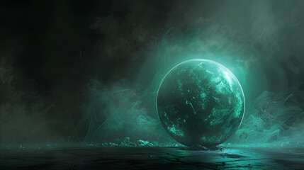 A colossal sphere with emerald light glowing from it. against a dark setting