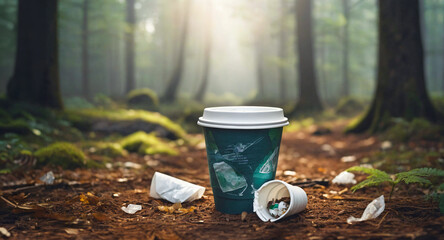 Close up of rubbish and paper coffee cup on the ground in forest. Garbage in forest. Environmental pollution and recycling concept	