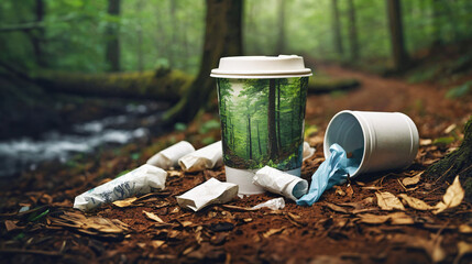 Close up of rubbish and paper coffee cup on the ground in forest. Garbage in forest. Environmental pollution and recycling concept