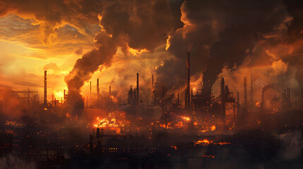 A colossal steel corporations smelting site is aflame. with billows of smoke and infernos surging from the terrain. The twilight firmament overhead exhibits fierce blasts in a factory environment.  - obrazy, fototapety, plakaty