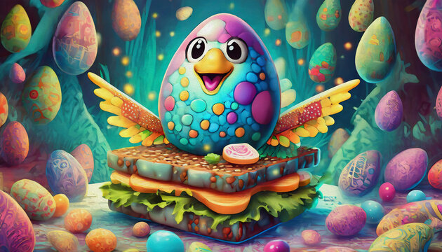 oil painting style cartoon character multicolored egg and sandwich