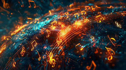 A compelling illustration of interwoven musical notes. showcasing the complexity and harmony between various instruments in an abstract composition