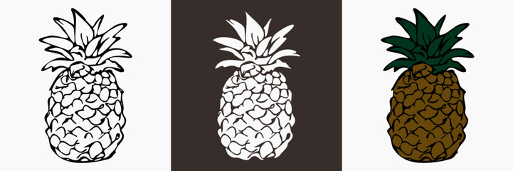 Pineapple fruit vector silhouette, food illustration.