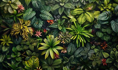 Capture the rare plant habitat from a high-angle view, portraying intricate details of indigenous flora and fauna in vivid watercolor - obrazy, fototapety, plakaty