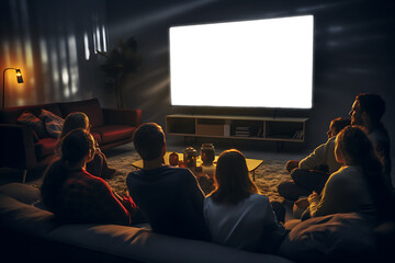 Group of friends watching cinema on tv or television at home - concept of weekend gathering or reunion and entertainment. white mockup. Movie night at home. Group Watching TV Together. mock up screen