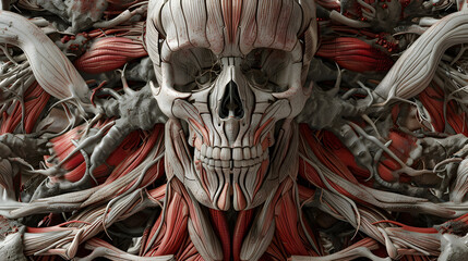 A comprehensive portrayal of the muscular system. accentuating the complex muscle fibers and contraction pathways. 