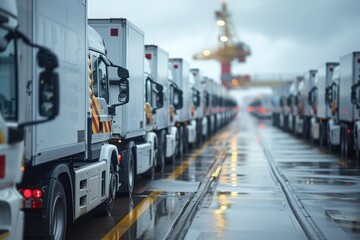 Naklejka premium This image showcases a line of identical white trucks ready for cargo loading at a shipping port on a rainy day