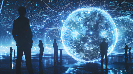 A computerized earth encased in web connections. with silhouettes of analysts examining it in multiple poses. The backdrop is deep indigo - obrazy, fototapety, plakaty