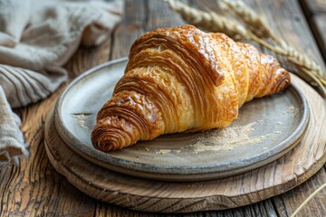 A freshly baked croissant on a rustic wooden table