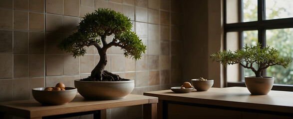 Artisanal Aesthetic: Tranquil Culinary Art Space with Handcrafted Tiles and Bonsai in Realistic Nature Interior Design - Stock Photo Concept