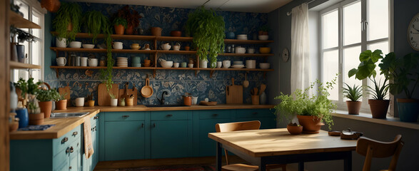 Bohemian Rhapsody: A Vibrant Kitchen with Hanging Plant and Nature-inspired Interior Design