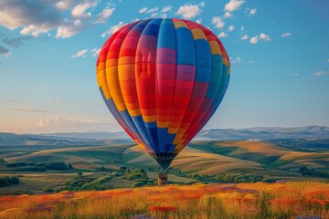 Majestic hot air balloon floating over vibrant flower fields with rolling hills in the background at sunset