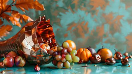 A copper crystal Thanksgiving cornucopia made of geometric shapes stands on the sideboard. surrounded by multicolored fruits. The background is turquoise with a soft gradient effect. 