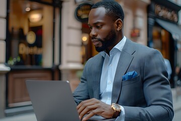Fototapeta premium Businessman in Suit Using Laptop Computer. Generative AI