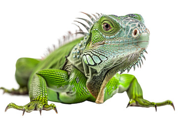 Obraz premium Green iguana with vivid scales and spiky crest isolated on transparent background
