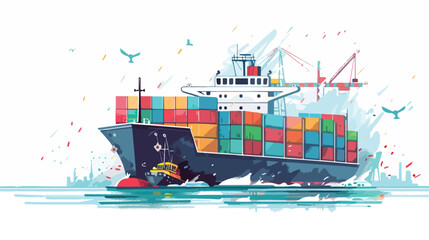 Loaded container ship enters the port. Vector illustration