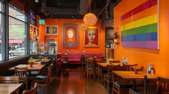 Eclectic dining space with colorful artwork and pride flag in a bright urban cafe - Powered by Adobe