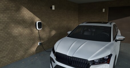 Home charging station provides an eco-friendly sustainable power supply for generic ev car. Progressive concept for future green energy storage for electric vehicles.