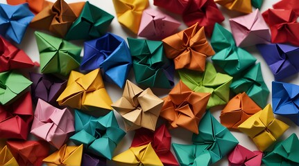 Assorted origami pieces in various colors spread out on a plain white background juneteenth.generative.ai 