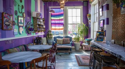 Eclectic cafe corner with a mix of vintage decor and pride flag in bohemian style