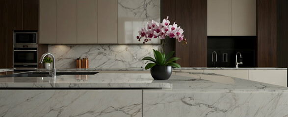 Modern Elegance: Contemporary Kitchen with Marble Accents and Minimalist Vibe, Realistic Interior Design with Nature Concept