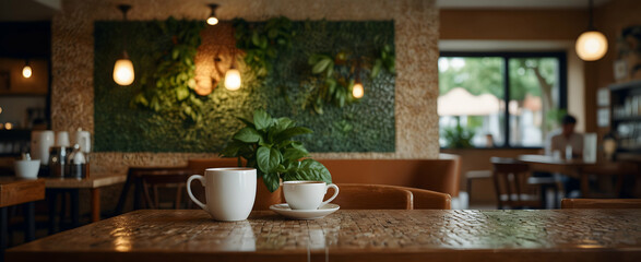Fototapeta na wymiar Mosaic Mocha: Mediterranean-Inspired Cafe Interior with Fragrant Basil Plant and Nature-Inspired Design - Realistic Coffee Experience