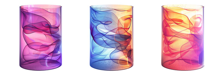 set of different holographic cylinders, each displaying dynamic light effects, isolated on transparent background