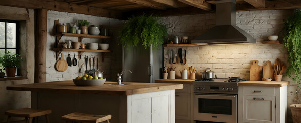 Rustic Charm: Cozy Kitchen with Exposed Beams and Potted Herb for Natural Cooking Environment - Realistic Interior Design with Nature