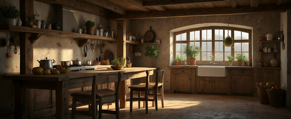 Fototapeta na wymiar Rustic Kitchen with Wooden Beams and Olive Tree - Realistic Interior Design for a Warm Earthy Cooking Retreat