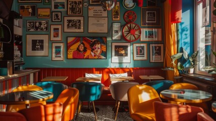 Retro-inspired cafe with vinyl records and vibrant pop art on teal walls