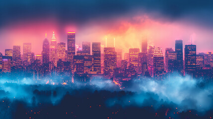 Bright neon futuristic cyberpunk cityscape, bright colors, dark shadows, fog and creepy feeling. 