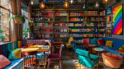 Inviting bookstore cafe with rainbow bench and eclectic mix of decor in a lively urban space - obrazy, fototapety, plakaty