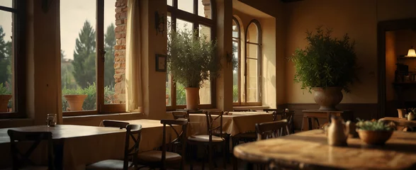 Fotobehang Tuscan Tranquility: A Cozy Italian Cafe with Rustic Charm and Natural Elements, Embodying the Essence of a Tuscan Villa. Realistic Interior Design with Nature Photography. © Gohgah