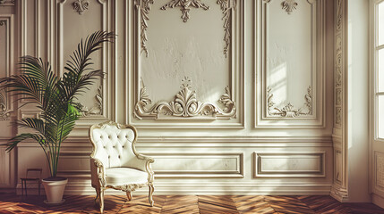 Luxurious Classic Interior with Elegant Wood Details, Vintage Armchair and Stylish Decor, Rich and Opulent Design