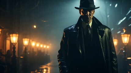 Dramatic commercial shot of a classic detective in a trench coat under a streetlamp, fog swirling, holding a magnifying glass up to the camera, perfect for mystery novel releases