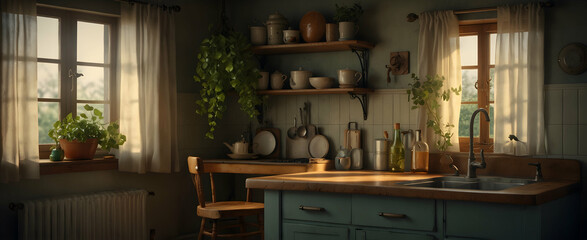 Serene Vintage Kitchen: Nostalgic Charm with Classic Ivy - Realistic Interior Design with Antique Fixtures and Nature Elements